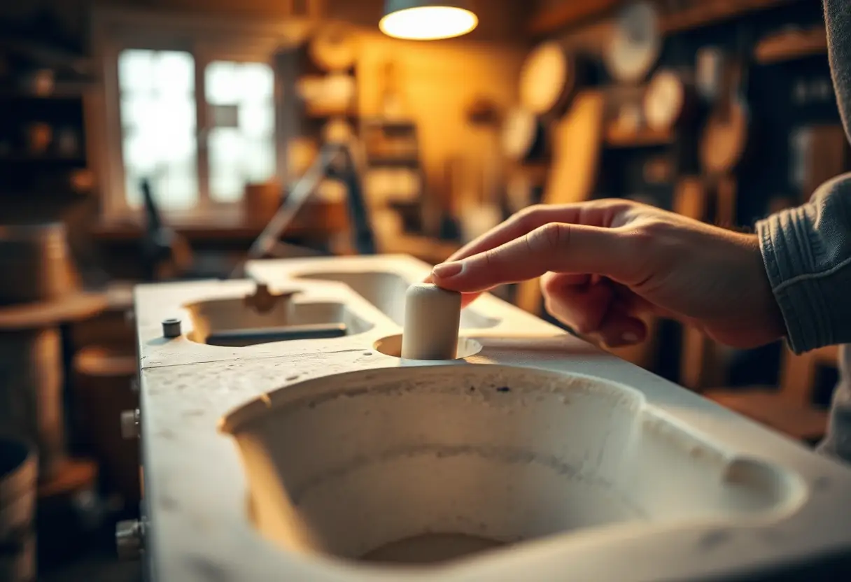 Une main ajustant un plomb dans un moule en plâtre dans un atelier de fabrication de matériel de pêche