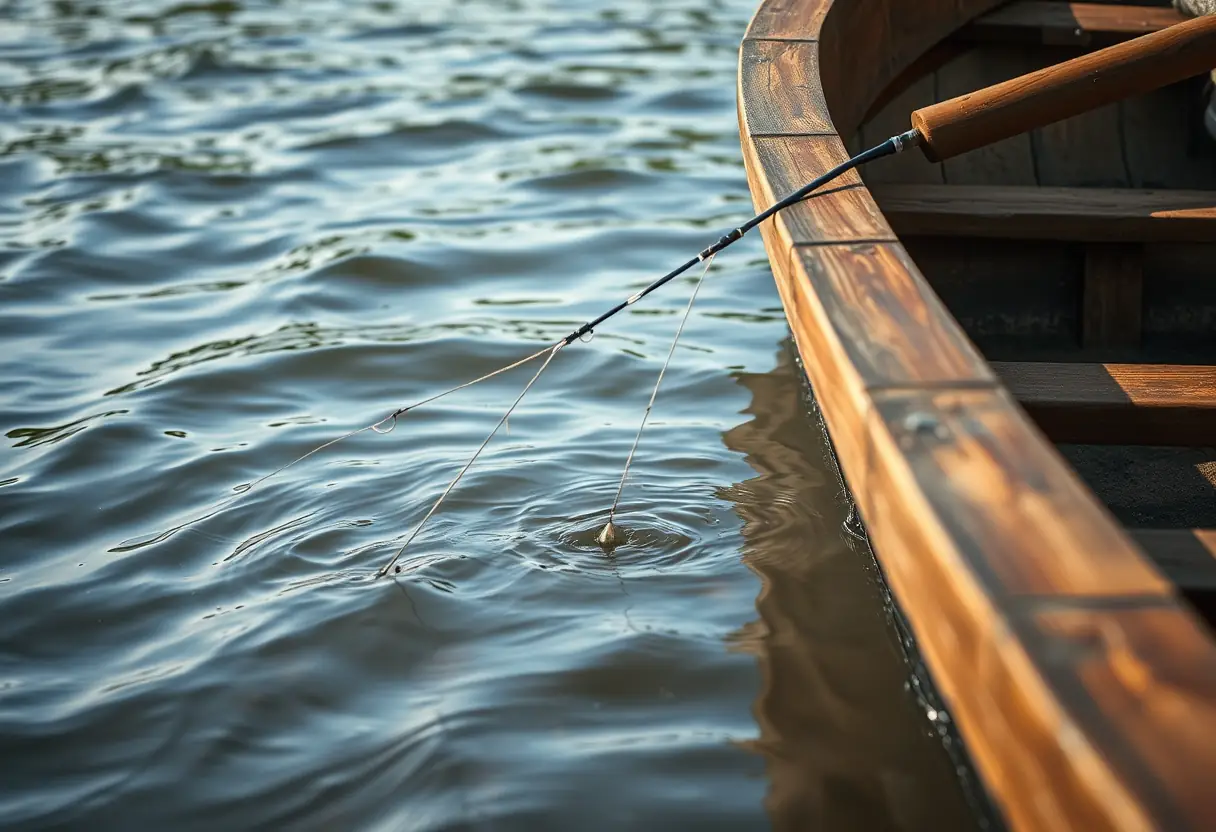 Une canne à pêche repose sur un bateau en bois dans un fleuve, sa ligne disparaissant dans l'eau.
