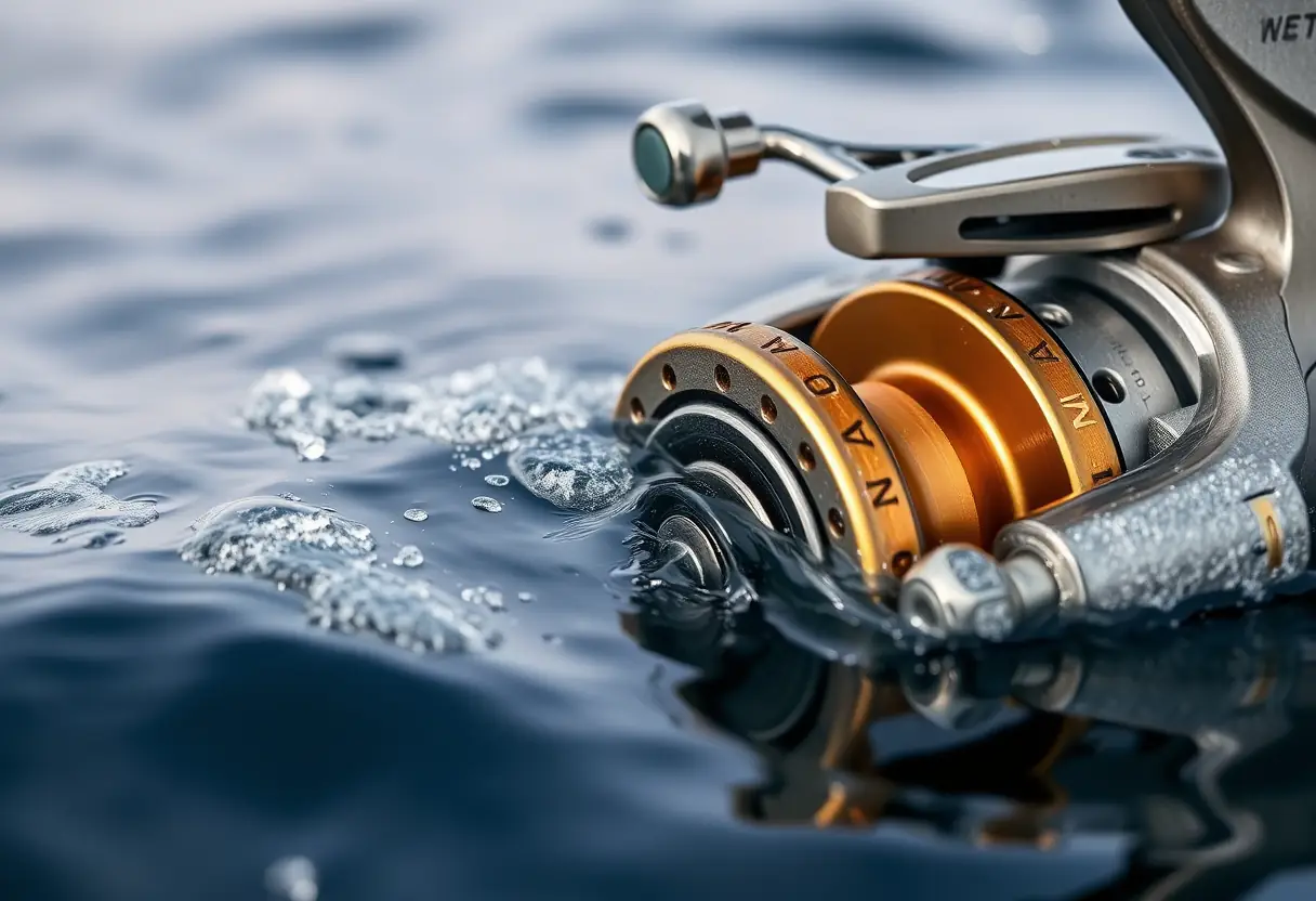 Un mécanisme de moulinet partiellement submergé dans l'eau de mer