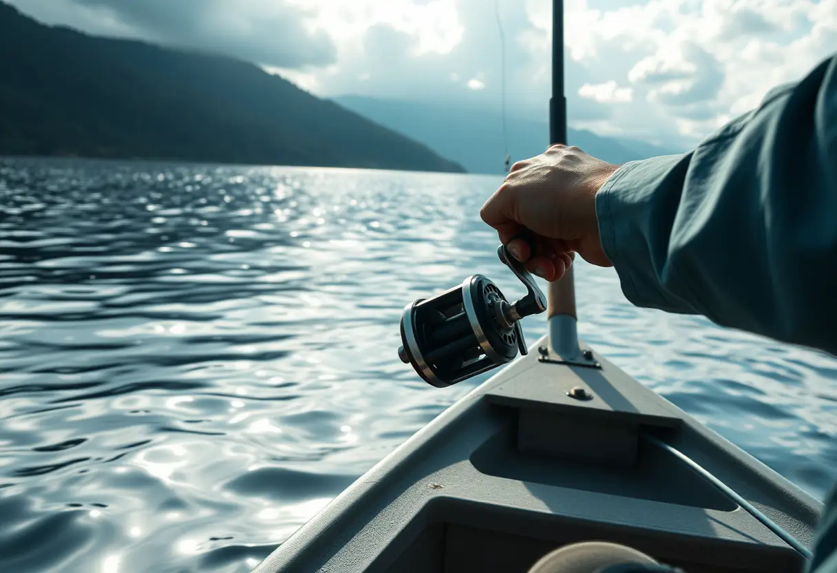 Bateau de pêche sur un lac calme avec un moulinet visible