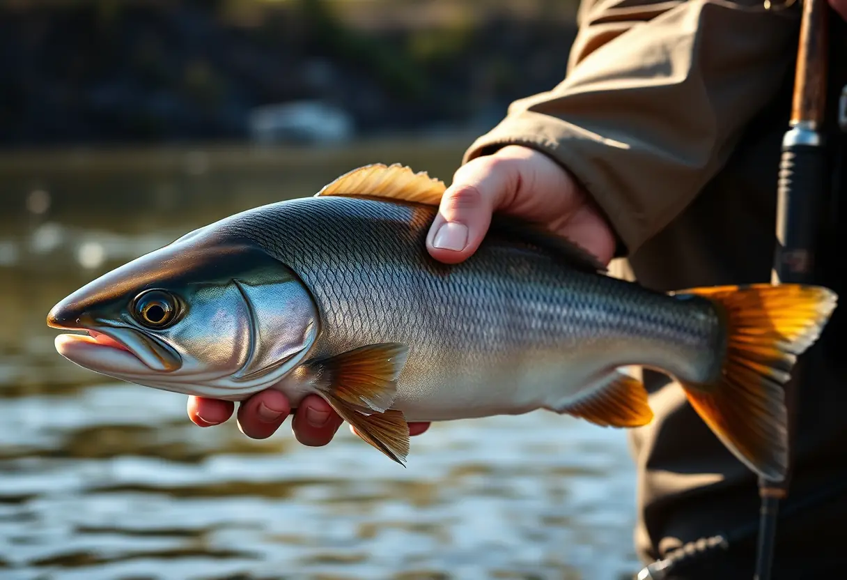 Une main de pêcheur tient délicatement un grand silure près de la rivière.