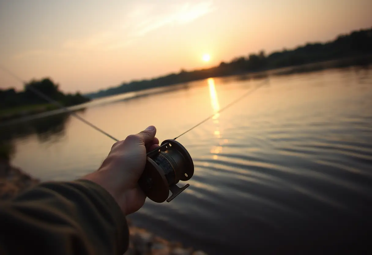Une main tenant un moulinet près d'un lac au crépuscule, symbolisant la pêche en eau douce