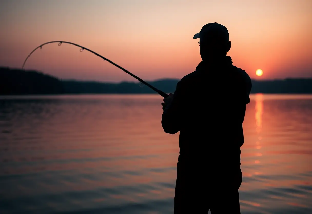 Un pêcheur lançant sa ligne dans un lac au coucher du soleil
