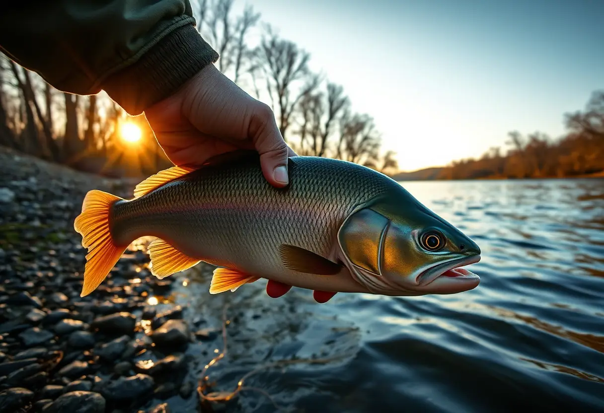 Une main de pêcheur stabilise un grand silure sur la berge d'une rivière au coucher du soleil