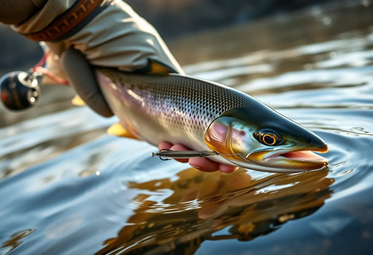 Mains gantées d'un pêcheur remettant délicatement un poisson dans le courant après une prise avec une agrafe