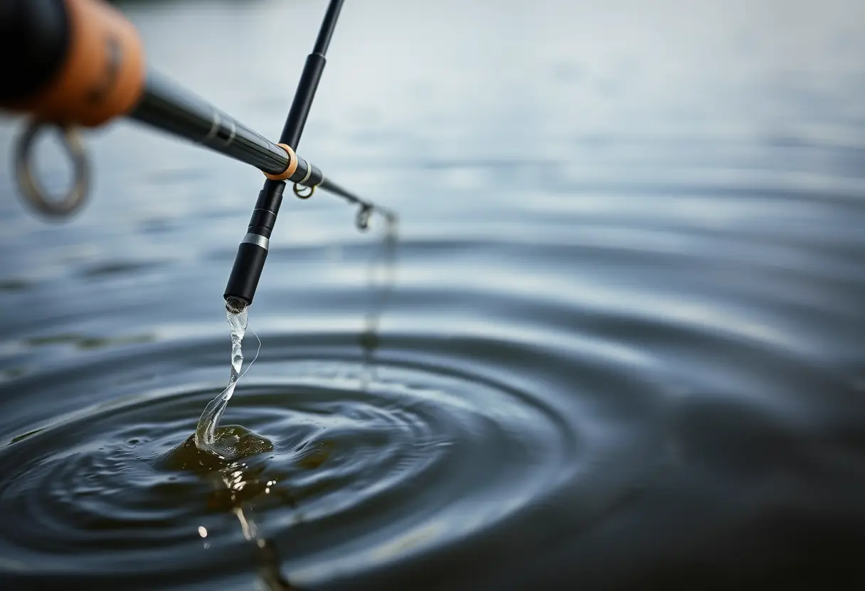 Pointe de canne à pêche émergent de l'eau avec un fil de fluorocarbone