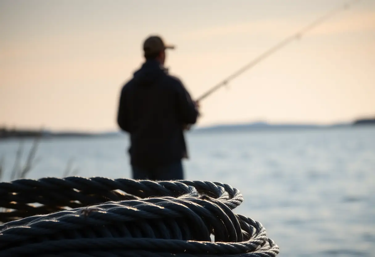 Silhouette de pêcheur lançant sa ligne sur un lac calme