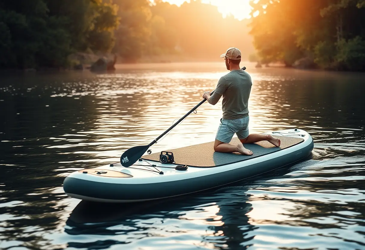 Un pêcheur sur une planche de paddle stable, prêt à pêcher dans un fleuve serein
