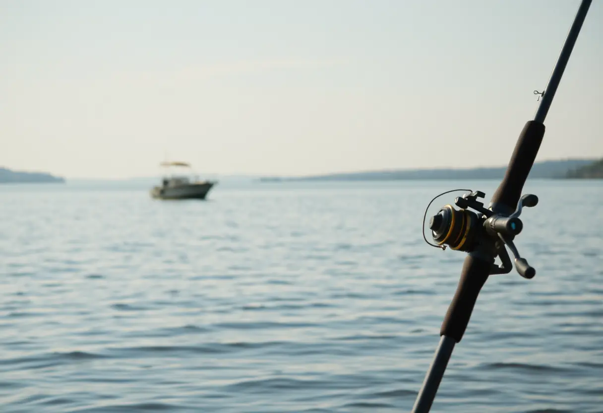 Une canne à pêche posée sur le bord d'un lac serein