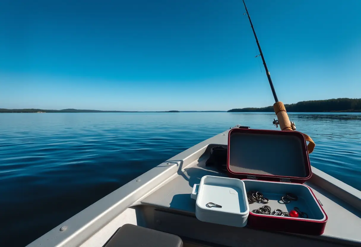 Un bateau sur un lac calme, prêt à la pêche aux céphalopodes.