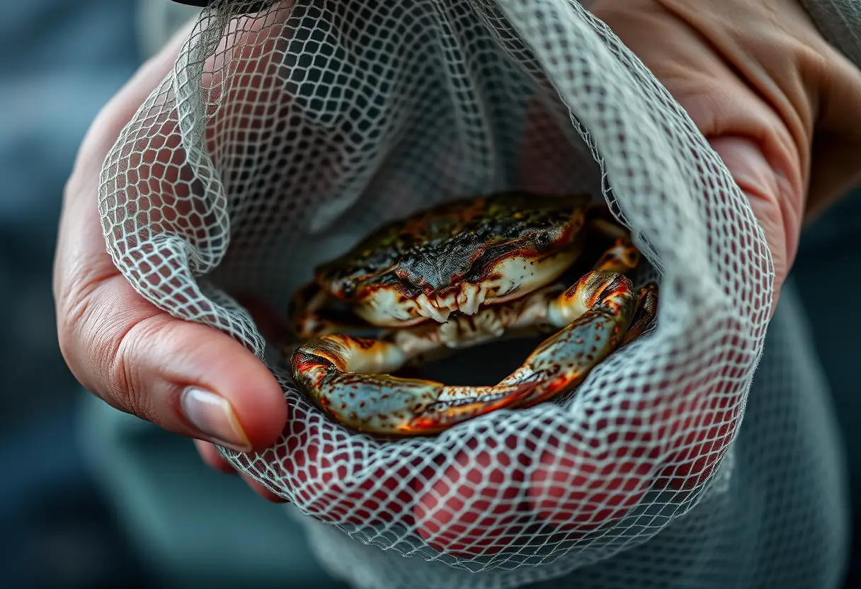 Une main tient un crabe capturé, enfermé dans un sac à maille pour sa remise en liberté