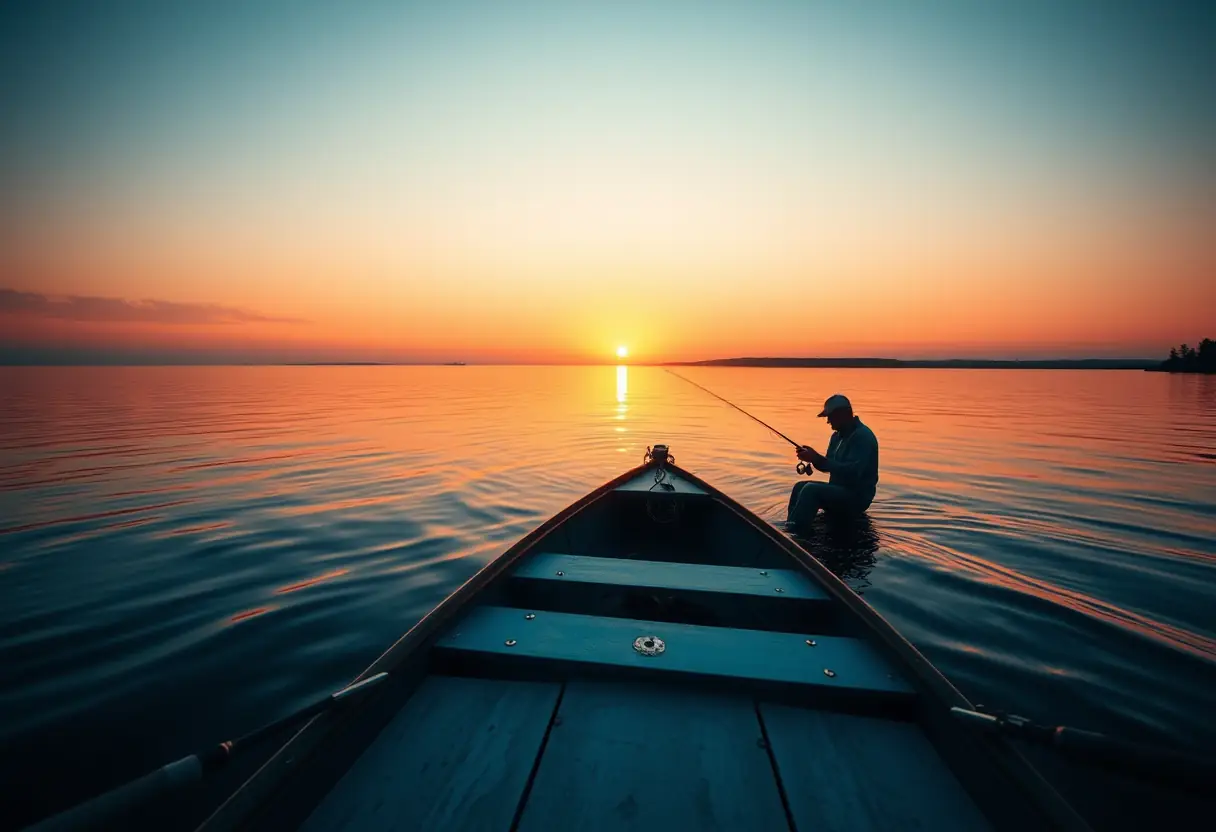 Un bateau sur un lac au crépuscule avec un pêcheur préparant son matériel