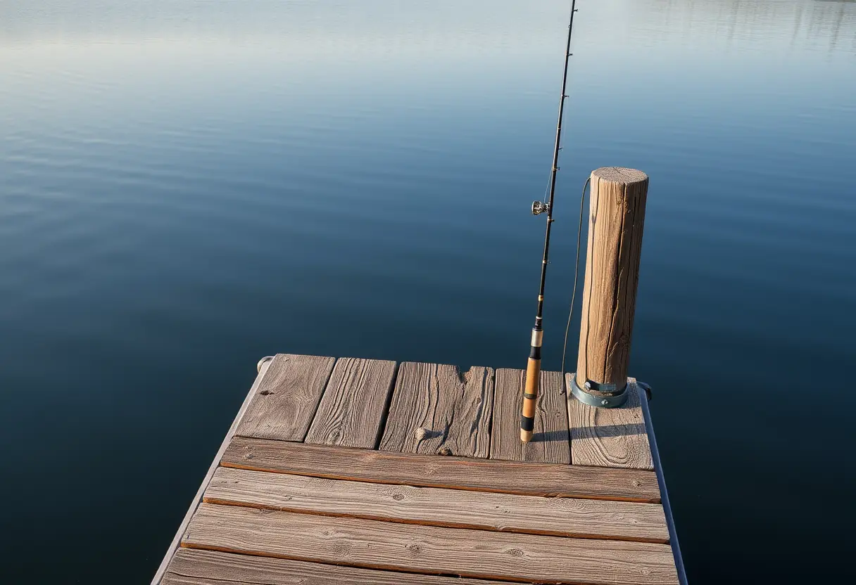 Un quai en bois usé s'étend sur un lac tranquille, une canne à pêche appuyée contre sa rambarde