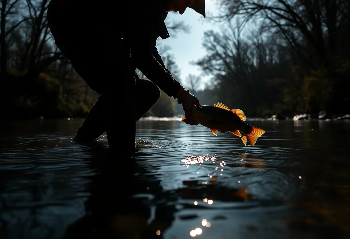 Un pêcheur tenant un achigan qu'il vient de capturer dans une rivière