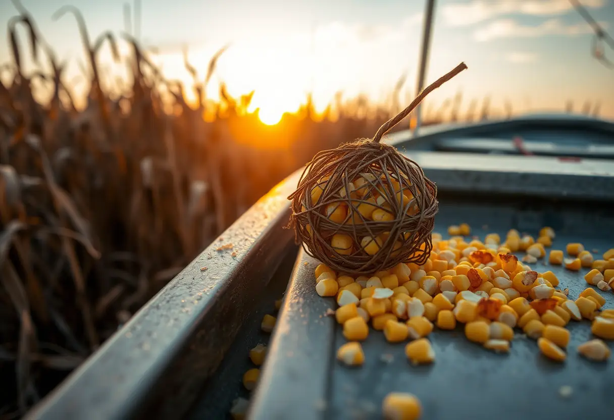 Une boule d'appât artisanale sur le bateau entourée de maïs et de miettes de pain