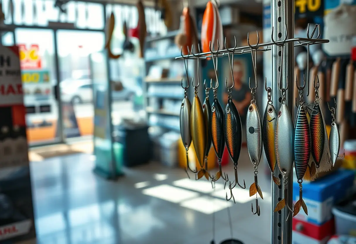 Un rayon de leurres métalliques dans un magasin de pêche