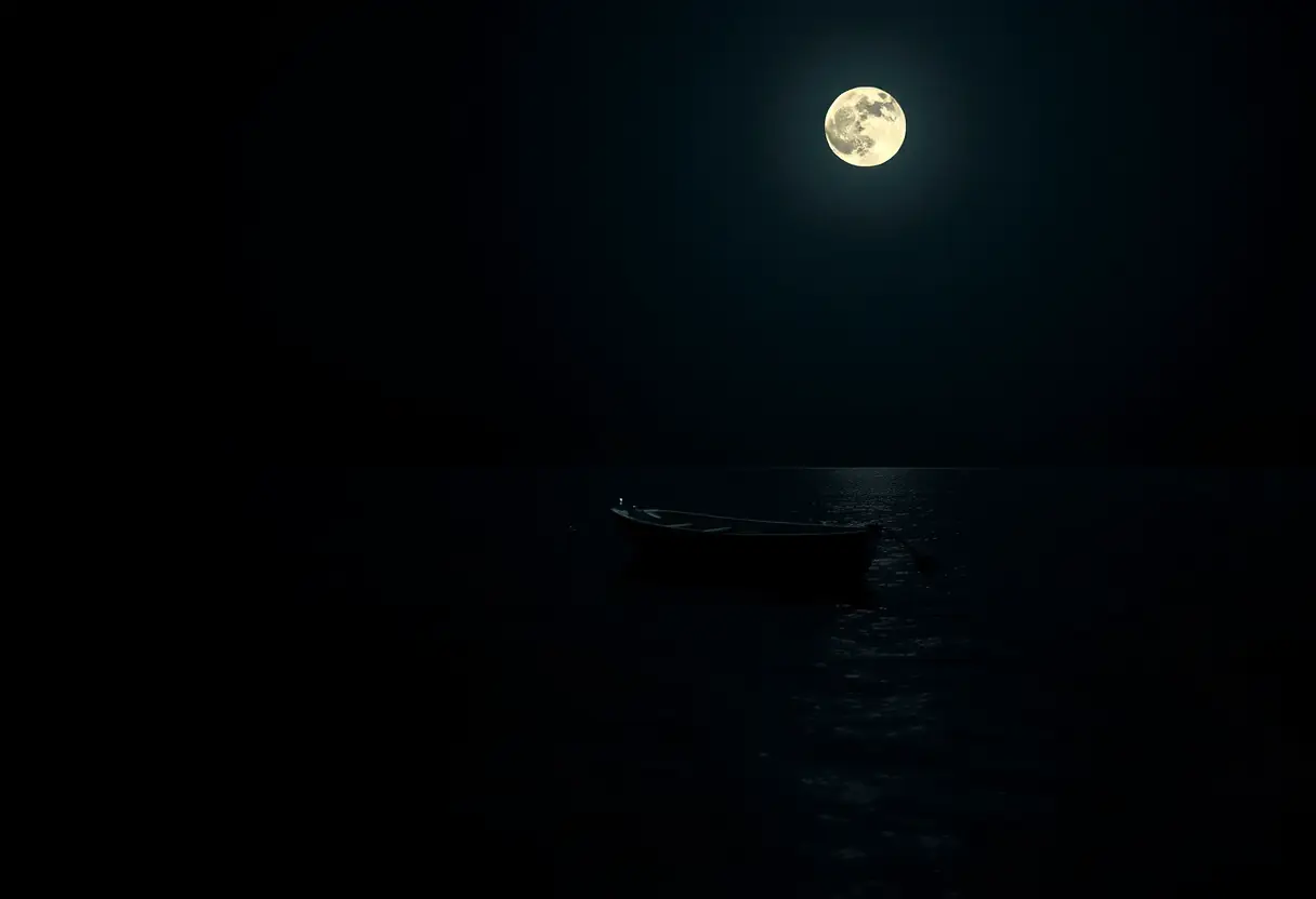 Une barque flottant silencieusement sur un lac sombre sous la lune, avec une seule canne de pêche étendue