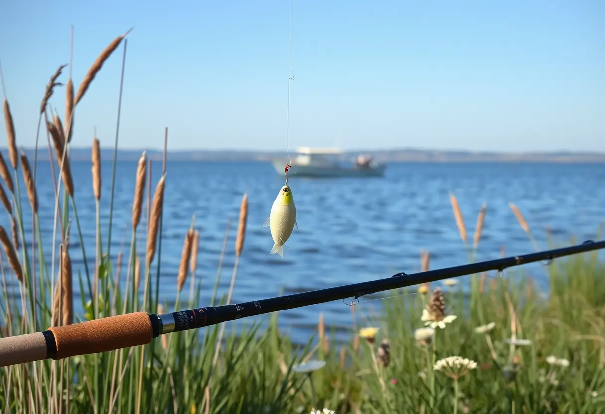 Une canne à pêche avec une ligne vivante près d'un lac pour la chasse au brochet.