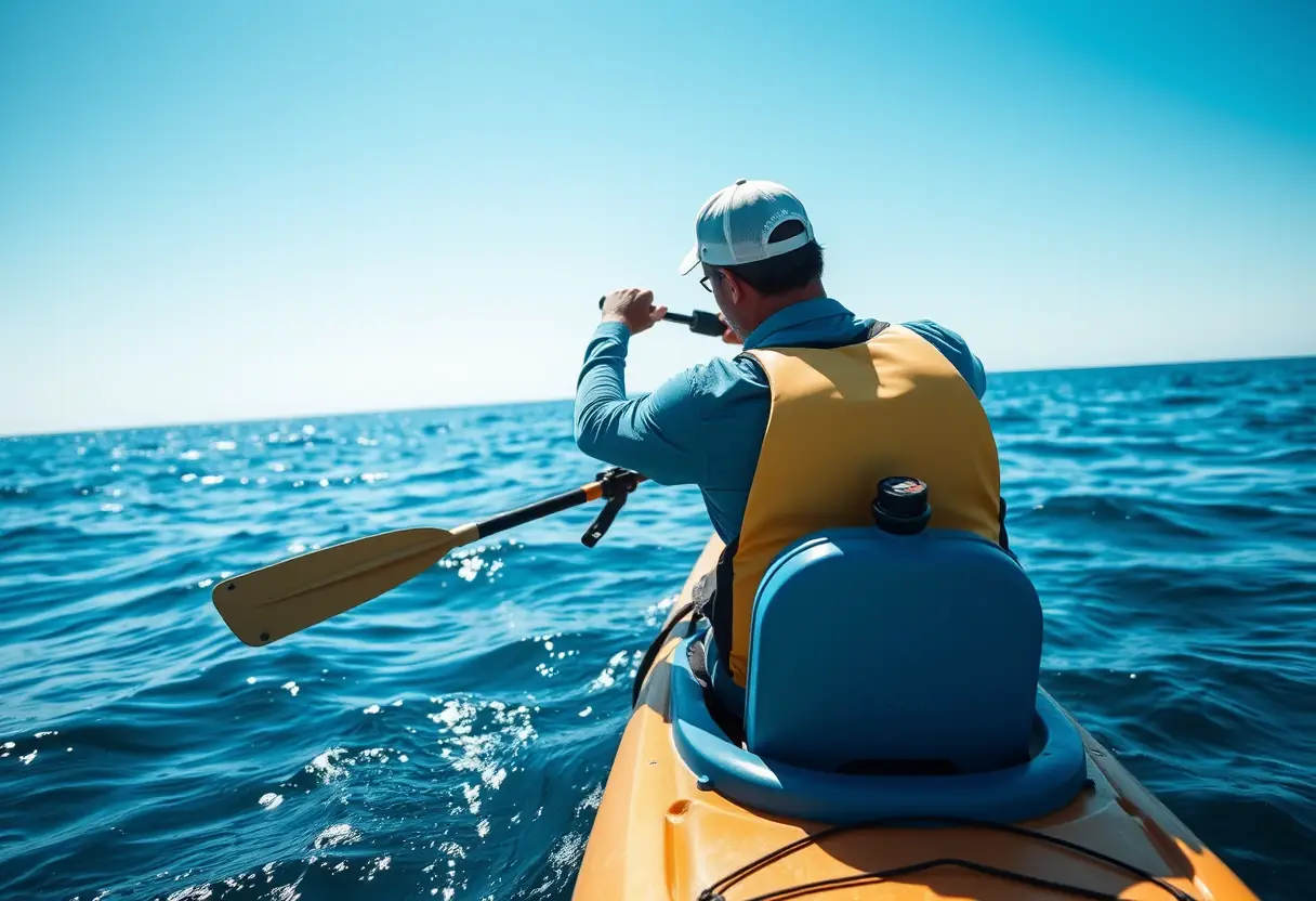 Un pêcheur en kayak ajuste sa canne fixée sur un support spécial dans son kayak, au milieu de l'océan.