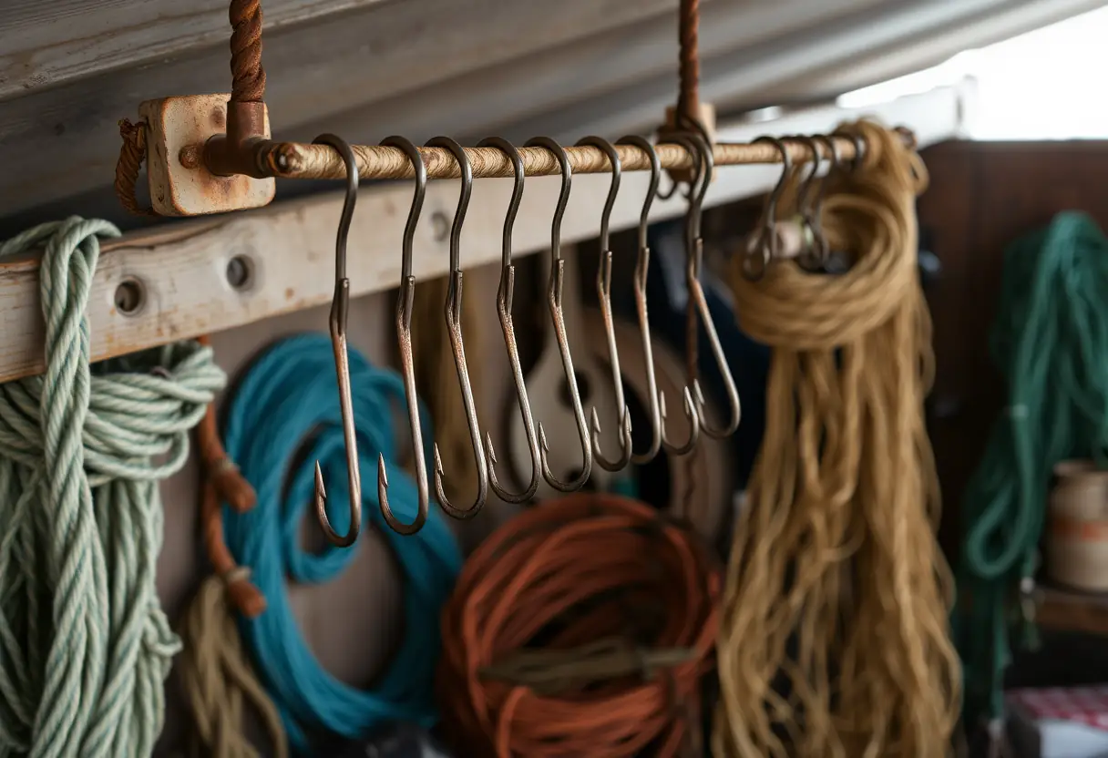 Une rangée d'hameçons pendus à un clou rouillé dans un hangar, entourés de matériel de pêche comme des cordes et des filets