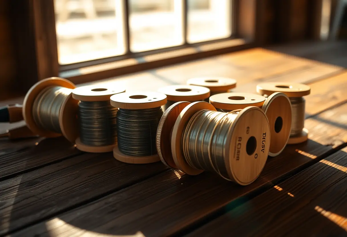 Des bobines en bois remplies de fil de pêche sur une table rustique
