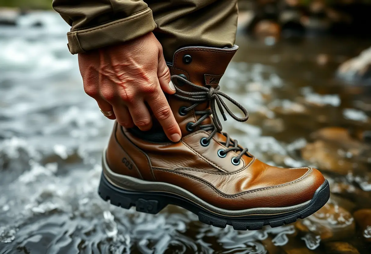 Main de pêcheur tenant une botte de wading robuste