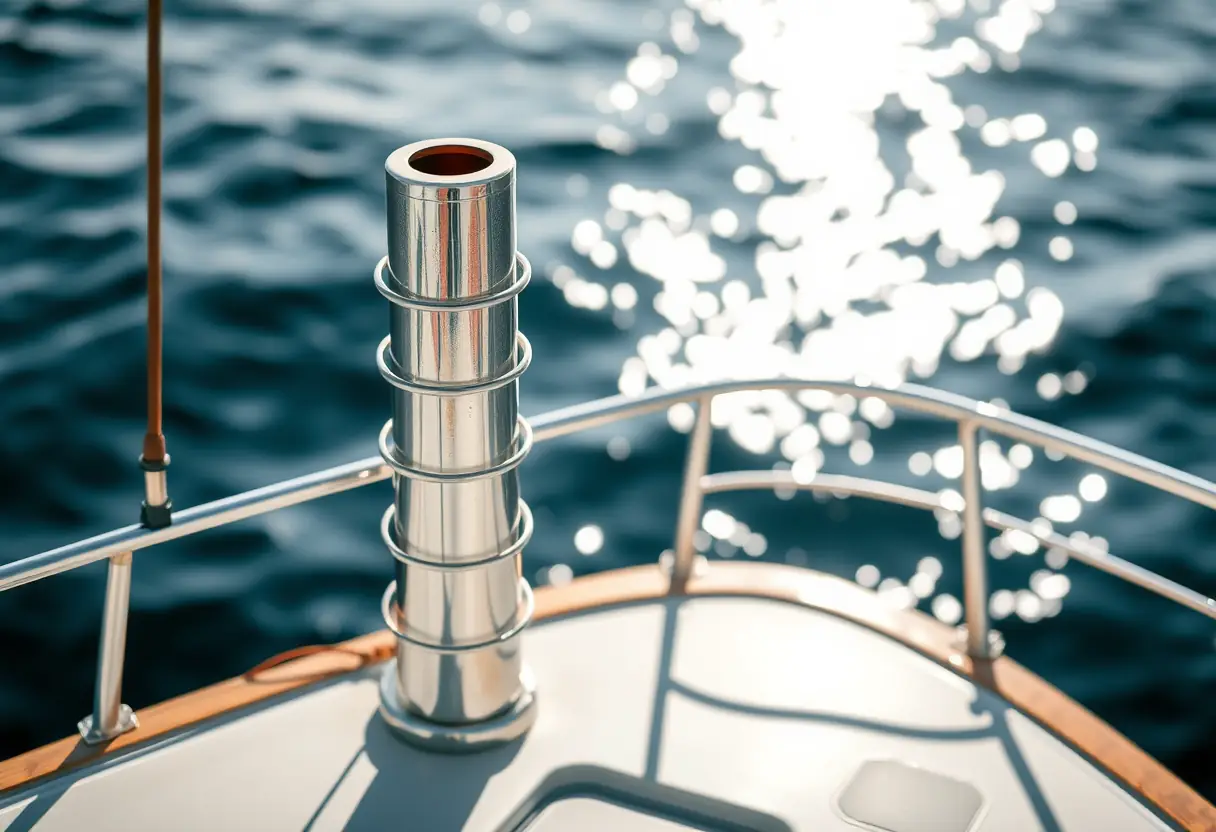 Un support métallique pour cannes de pêche se dresse sur le pont d'un bateau, illustrant les différentes options de rangement.