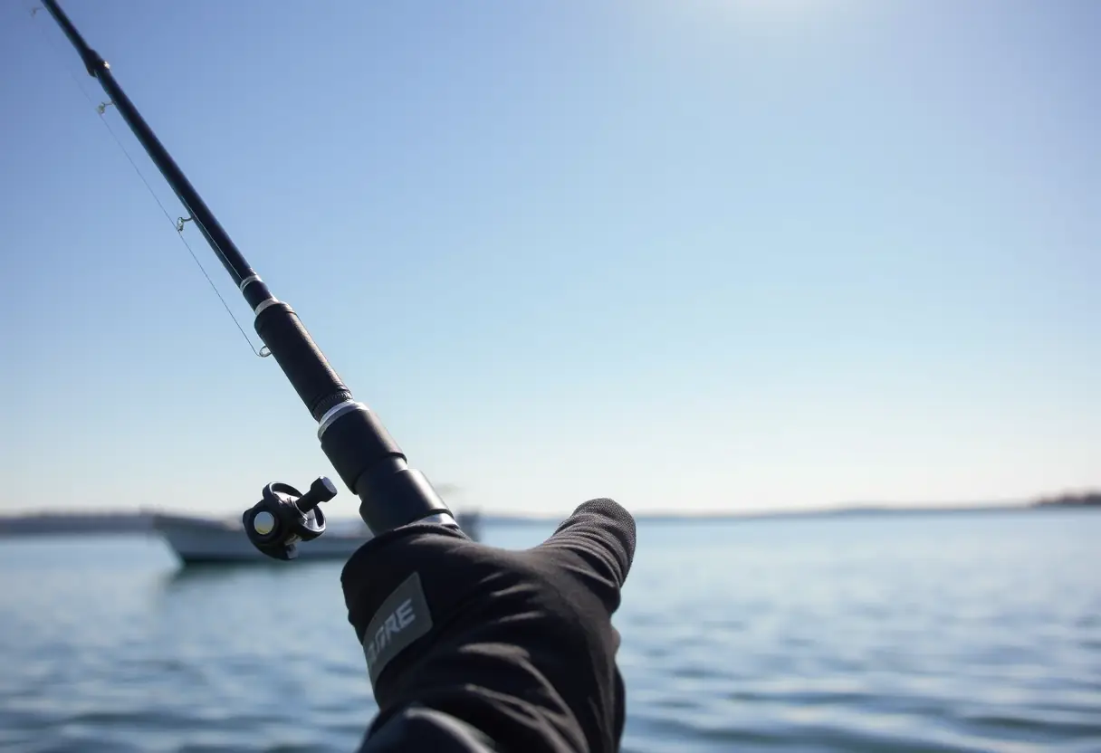 Une canne à pêche prête à être mise dans un porte-canne en plastique