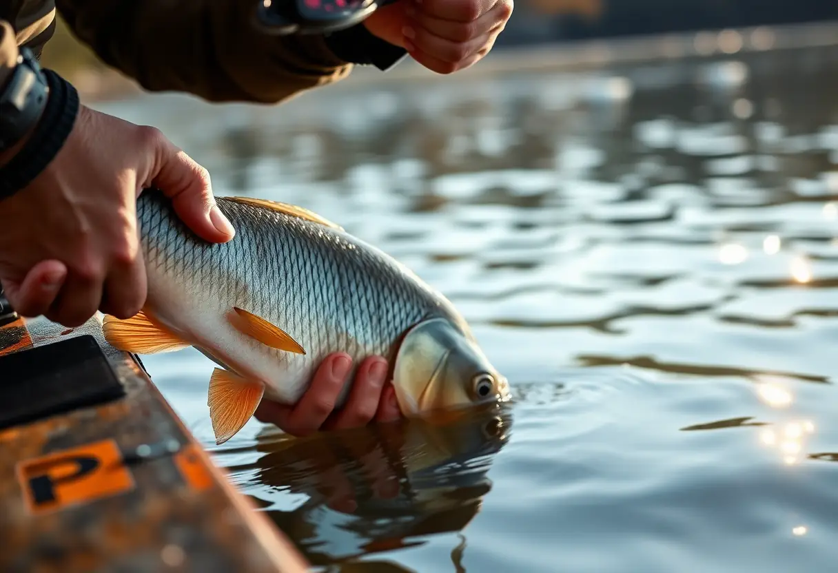 Une main de pêcheur stabilise un grand carpe fraîchement capturée près de la surface d’un fleuve calme