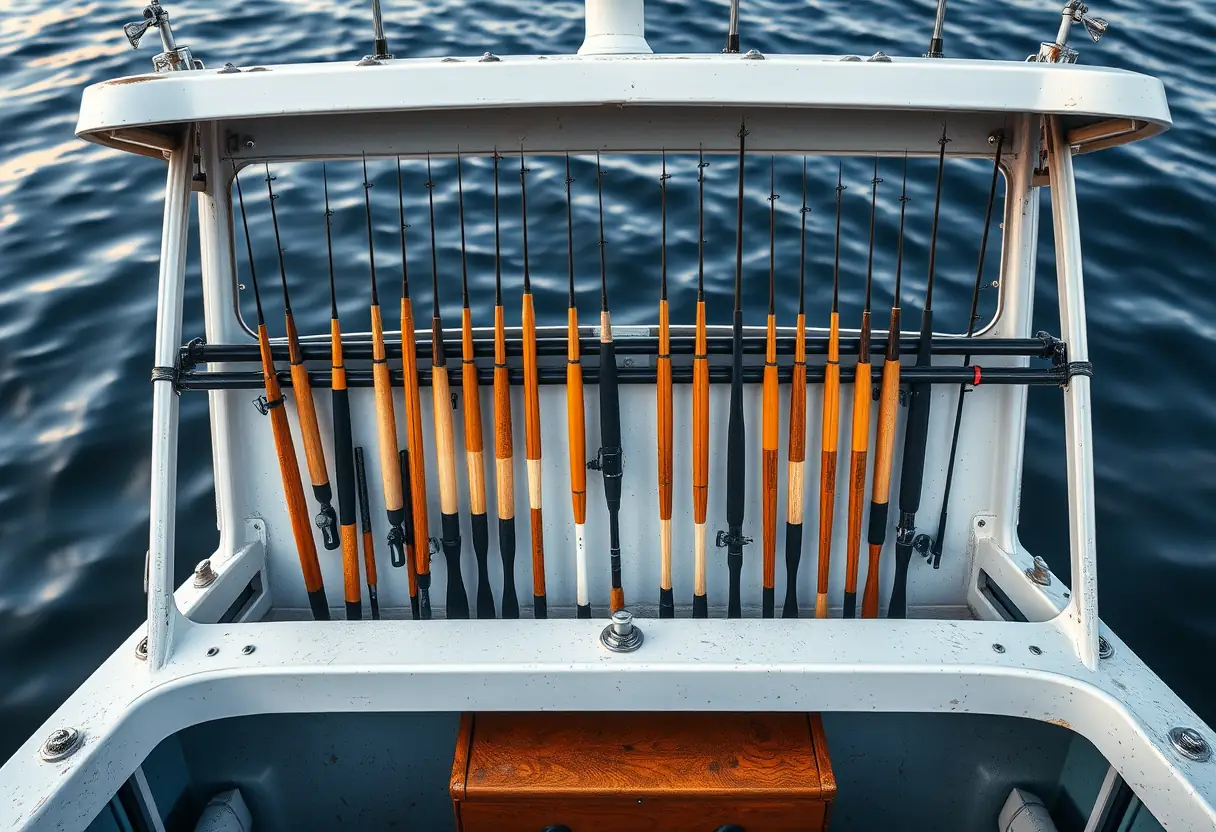 Dans la poupe d'un bateau de pêche, des cannes rangées dans un porte-cannes horizontal reflètent sur les eaux calmes d'une rivière