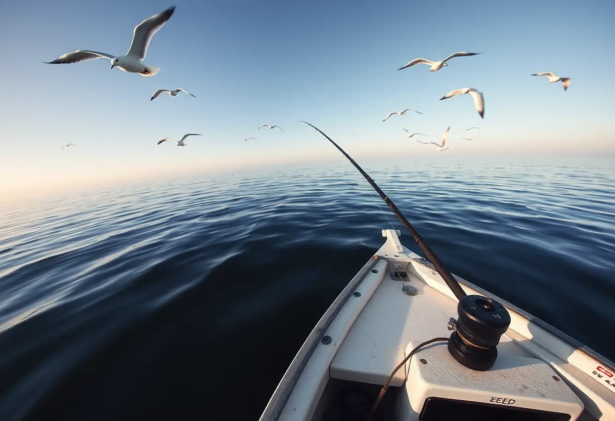 Bateau de pêche sur mer calme avec une canne prête, sans texte, naturel, photojournalisme