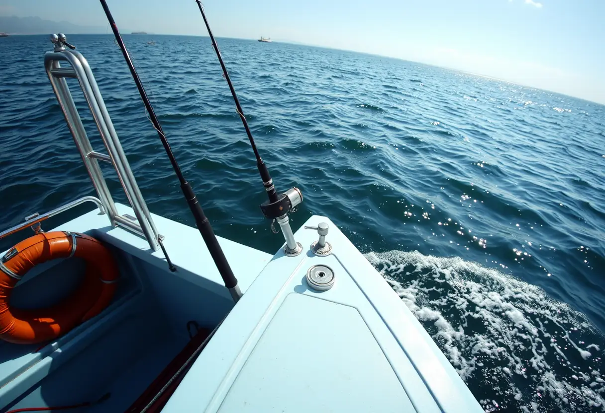 Un bateau ancré dans une baie, avec une canne à pêche prête sur le pont