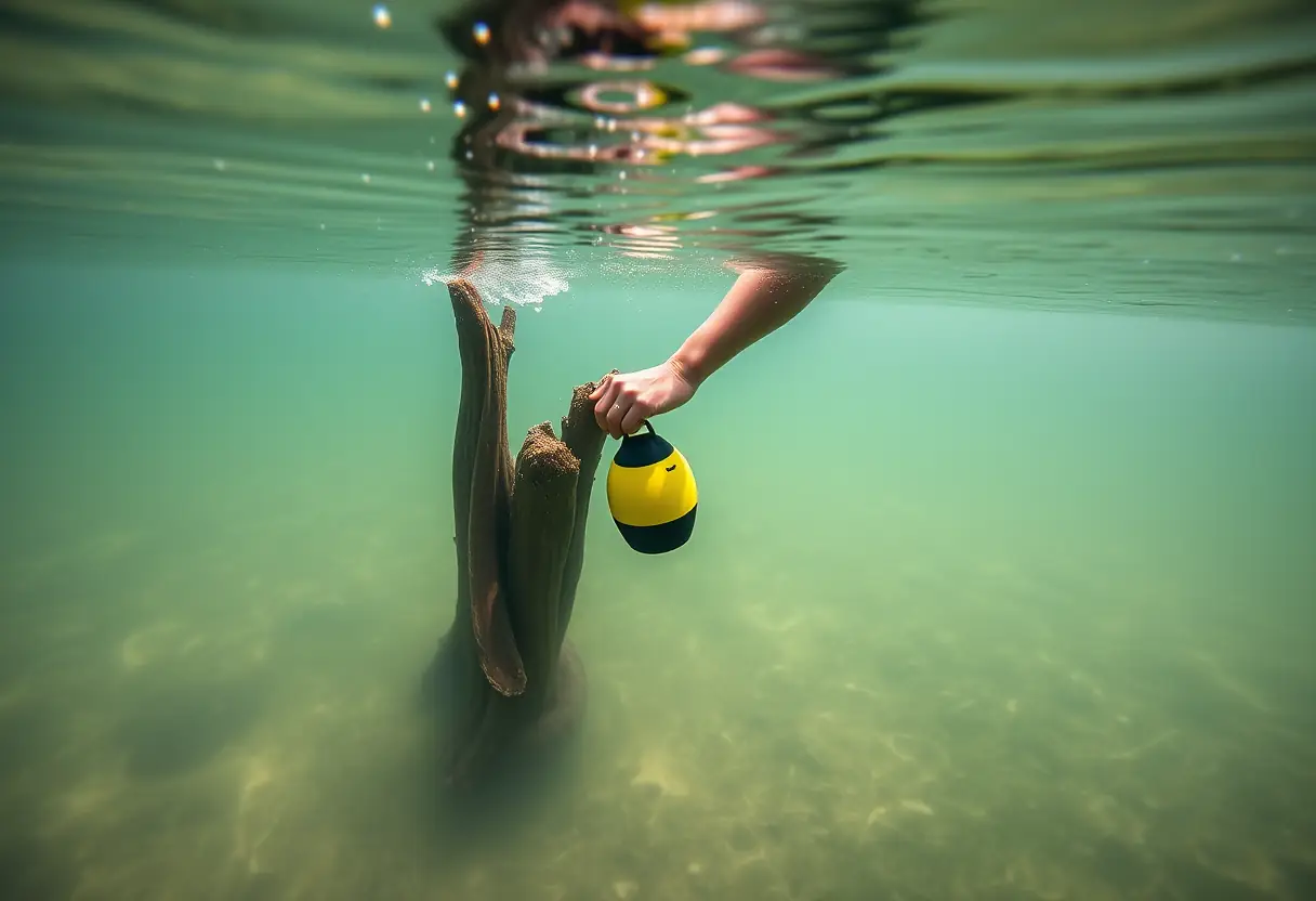 Un plongeur marque un poste potentiel pour la pêche des carnassiers