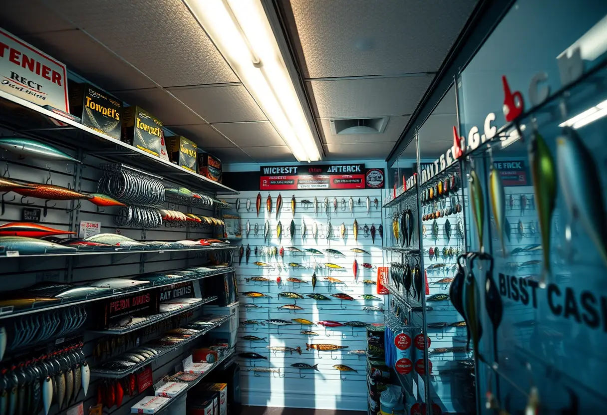 Dans un coin d'un magasin de pêche, des leurres variés sont exposés sous des néons fluorescents.