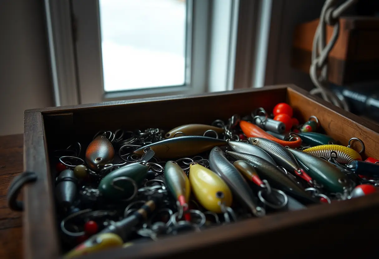 Un coffre à outils de pêche bien utilisé contenant différents leurres et accessoires.