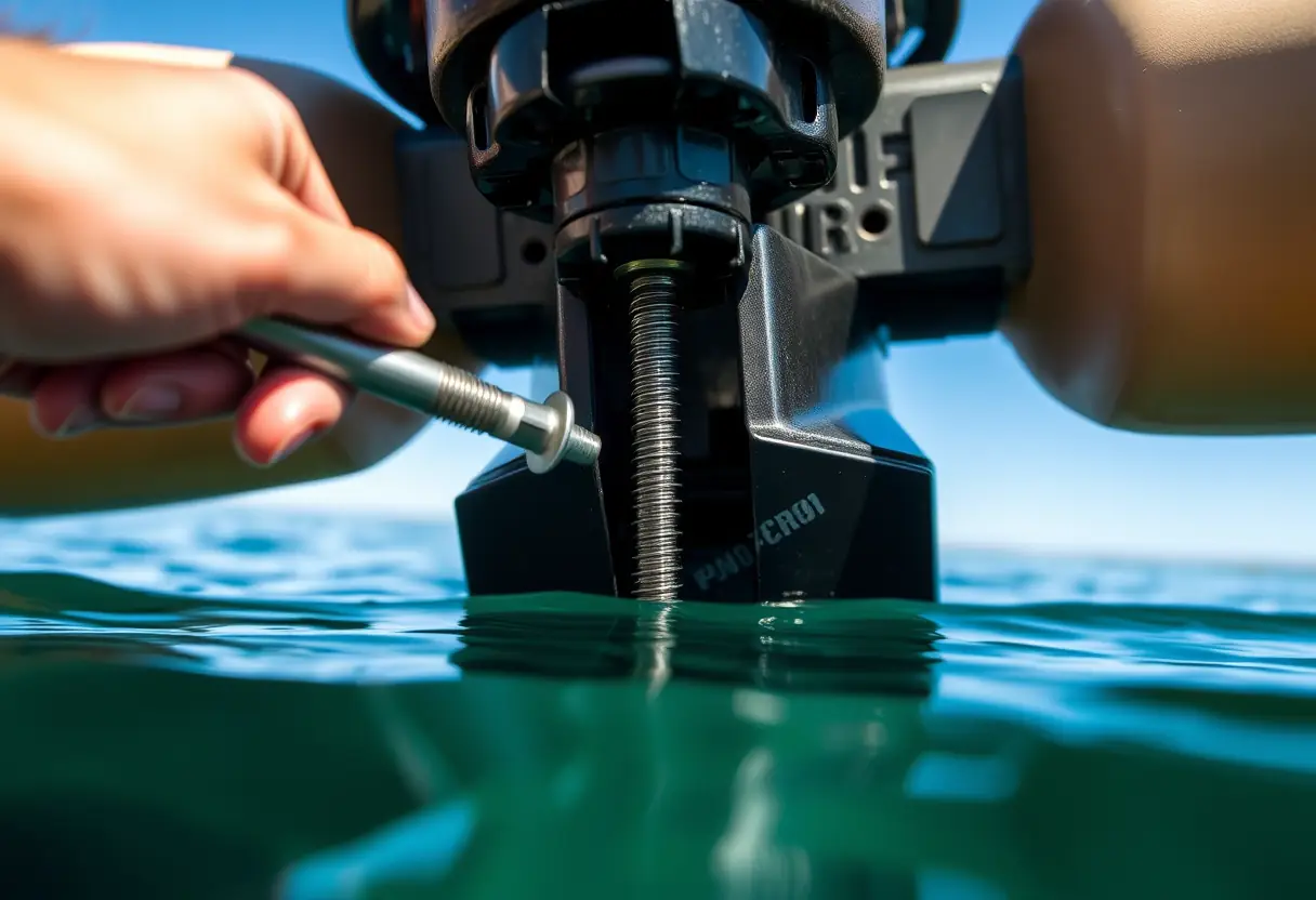 Une vis métallique est insérée sous la nacelle flottante pour sécuriser le moteur électrique.