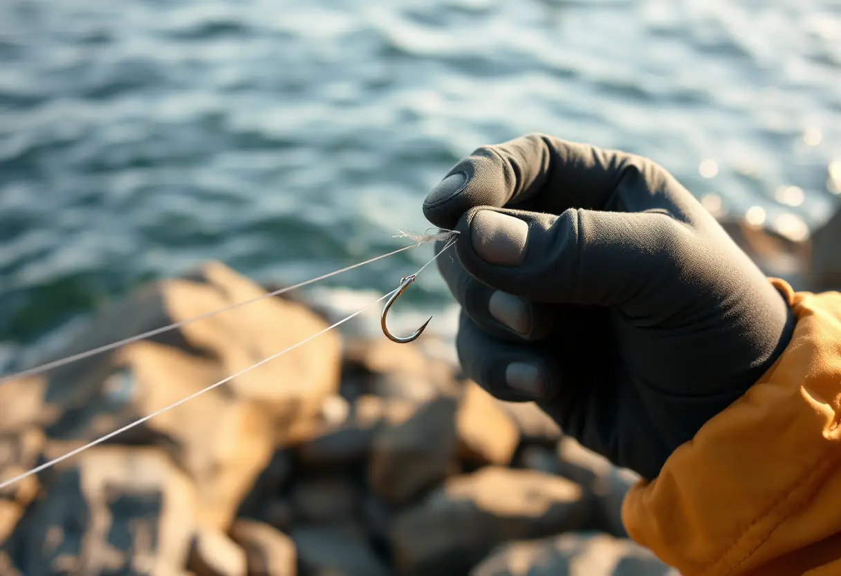 Une main préparant un hameçon sur une ligne près du littoral rocheux pour la pêche de surf-casting
