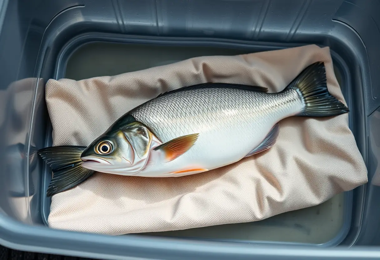 Un poisson sur un tapis de réception pour minimiser le stress lors de la prise