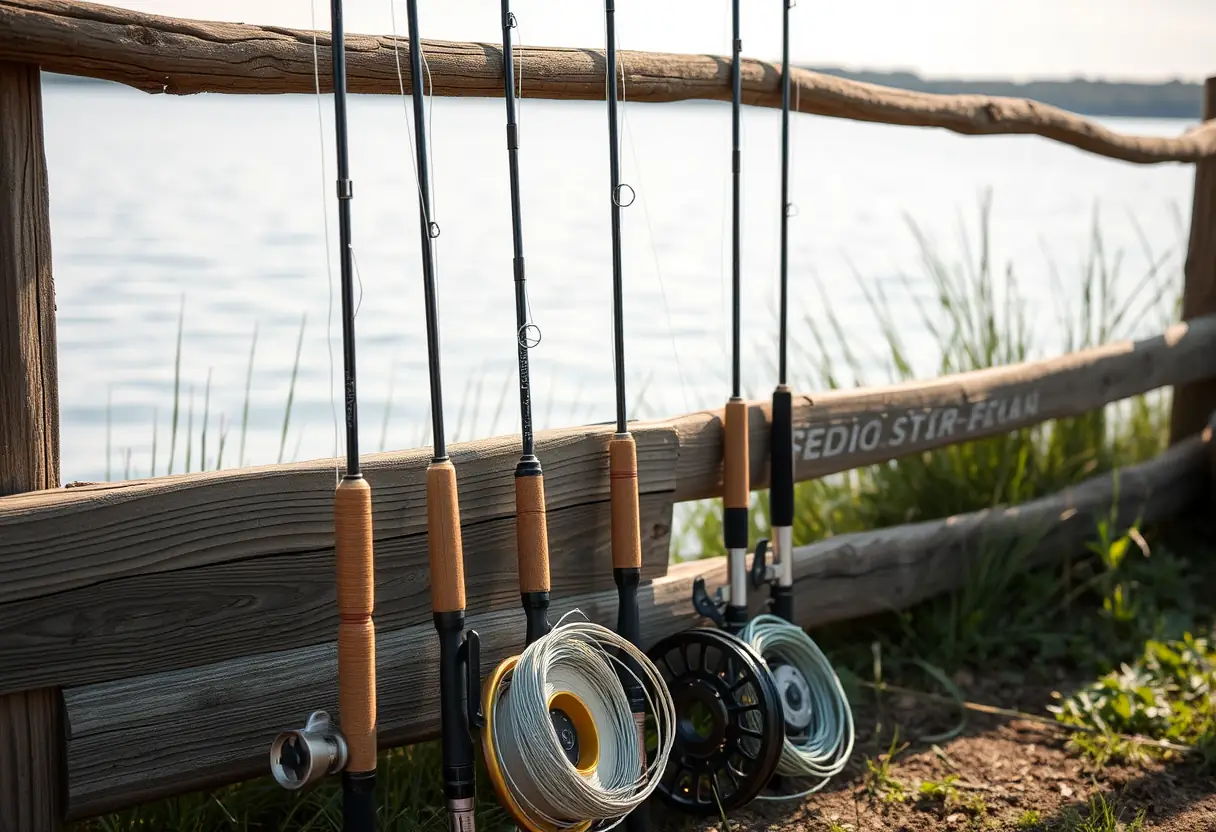 Des cannes de pêche posées contre un grillage près d'un lac calme