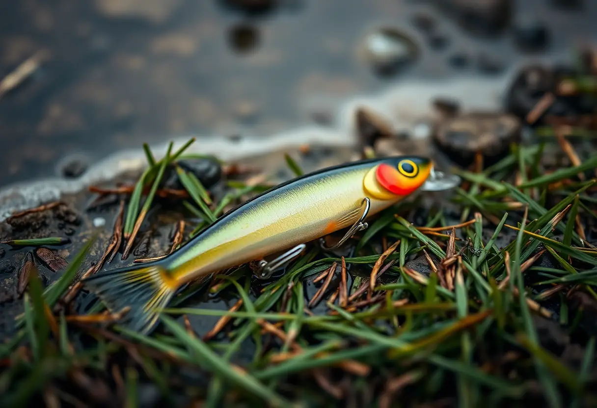 Un leurre souple posé sur l'herbe humide près de la berge, imitant un petit poisson