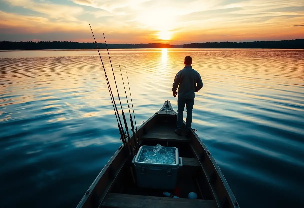 Une barque flotte sur un lac calme au crépuscule, chargée d'équipement de pêche et d'une silhouettede pêcheur.