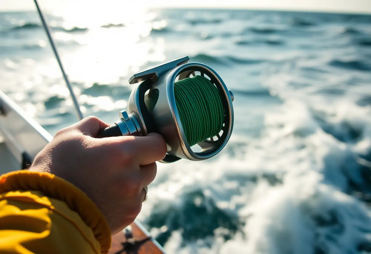 Main du pêcheur tenant un moulinet sur un bateau en mer