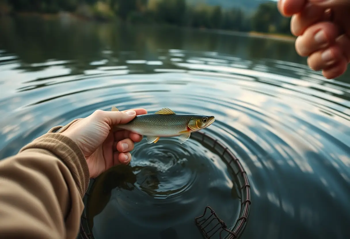 Une main libérant un gardon vivant dans un lac pour pêcher les carnassiers