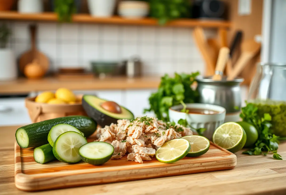 Dans une cuisine bien fournie, des ingrédients tels que concombre, avocat et citron sont disposés sur un plan de travail en bois