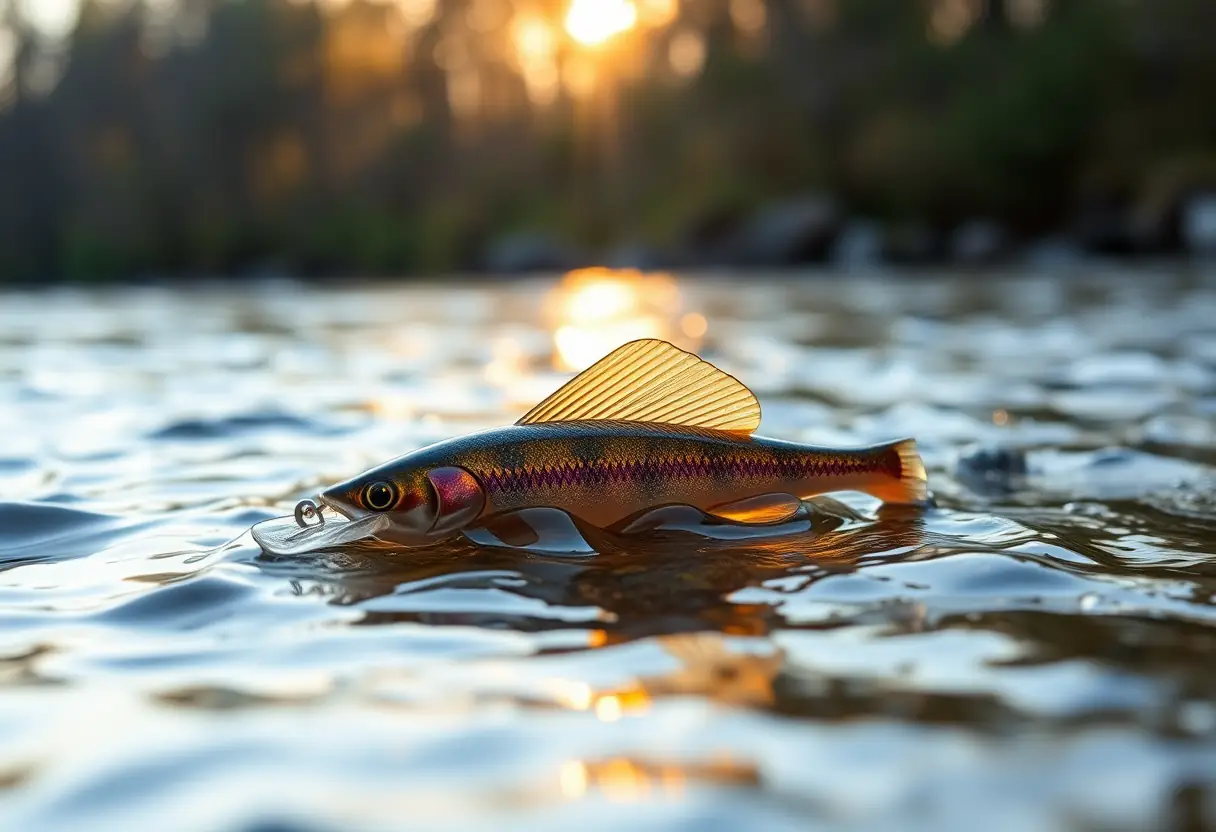 Un leurre flottant dans le courant d'une rivière avec la lumière du soir qui filtre à travers les arbres.