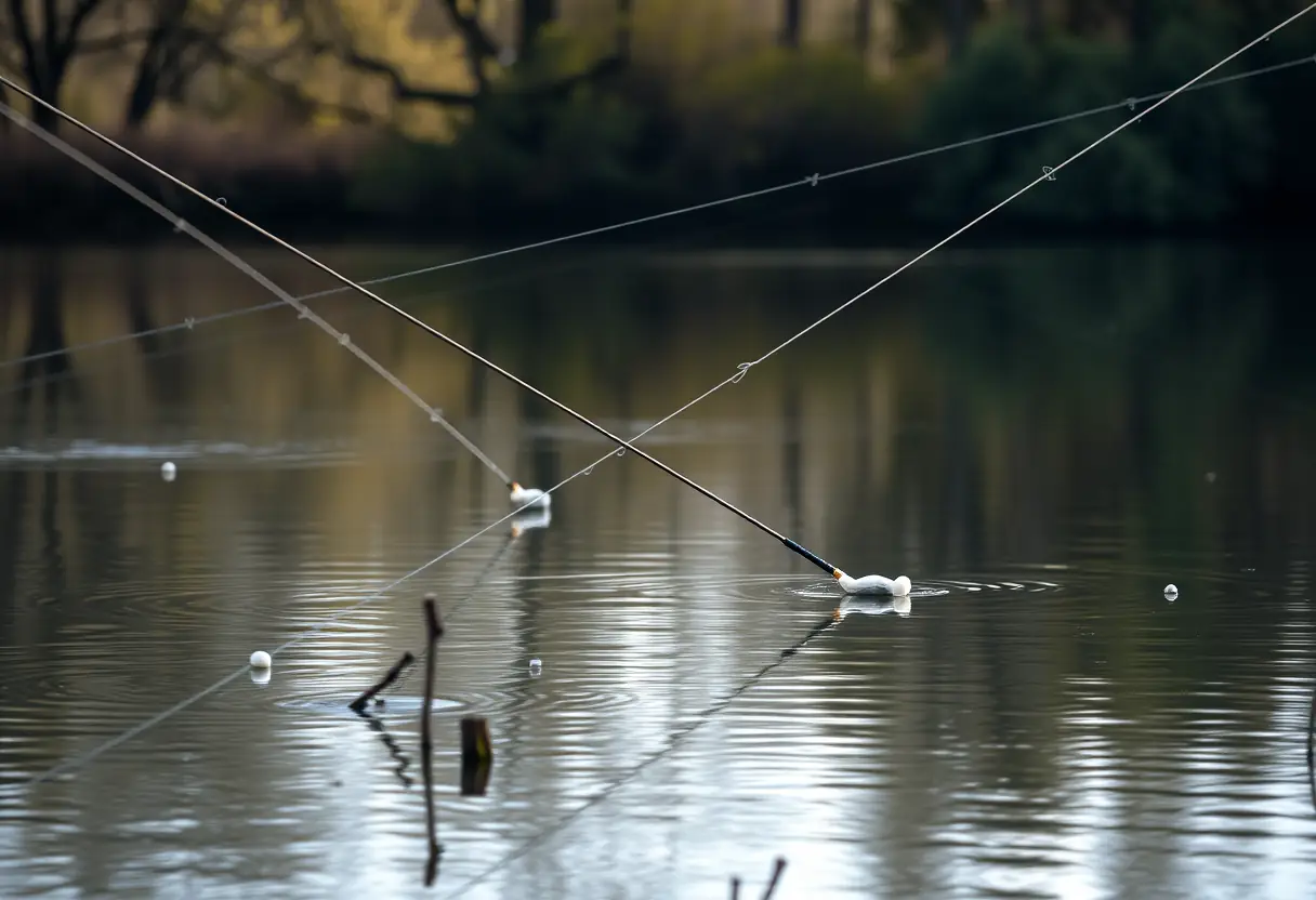 Des lignes de pêche traversent une mare calme entourée d'arbres