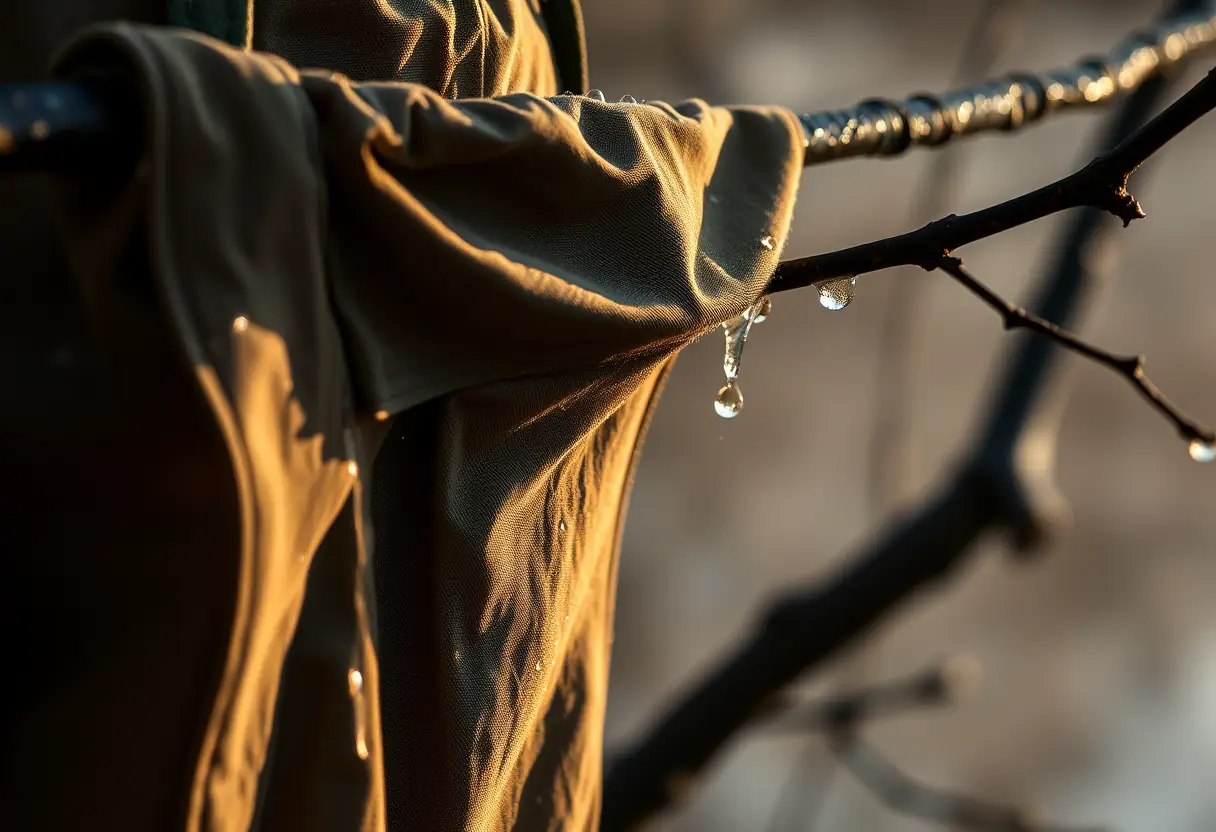 Des waders suspendus à une branche pour sécher après une journée de pêche