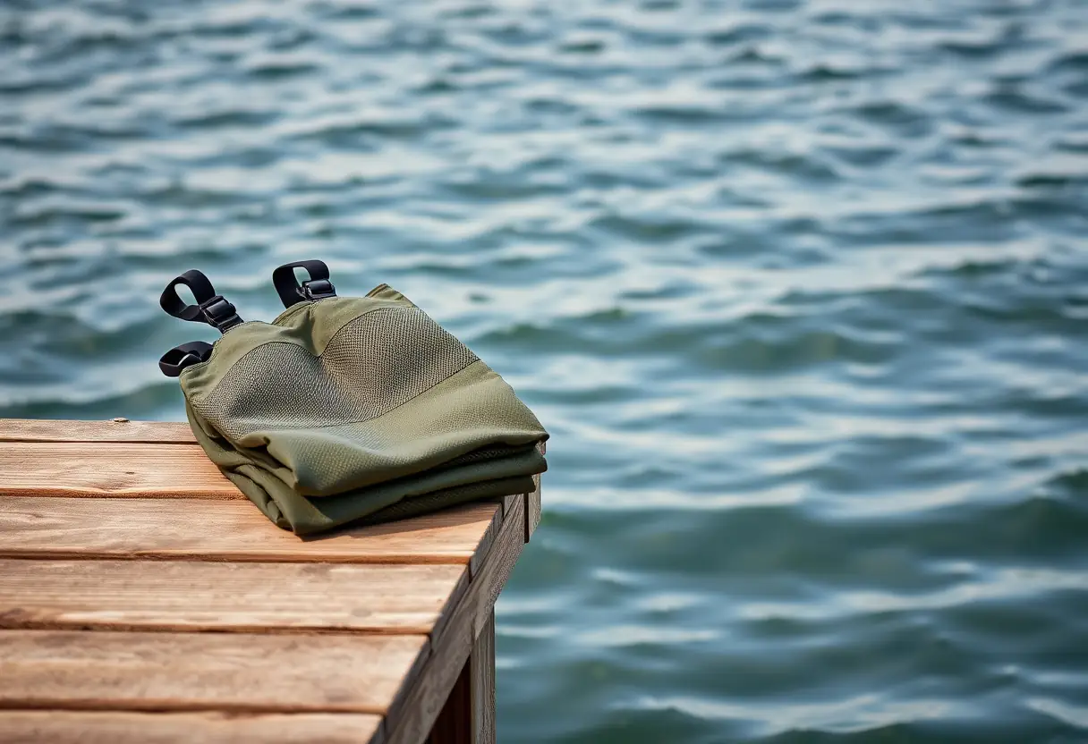 Des waders respirants pliés sur un quai de bois
